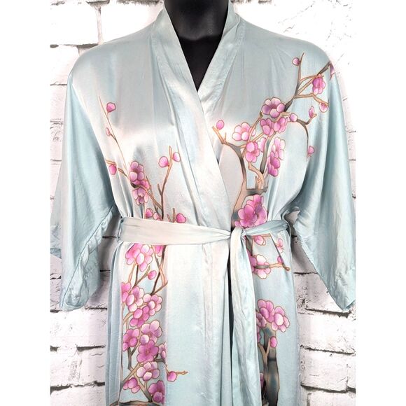 OLD SHANGHAI Cherry Blossom 100% Silk Kimono Dressing Robe Bohemian Hippie OS - Picture 2 of 6